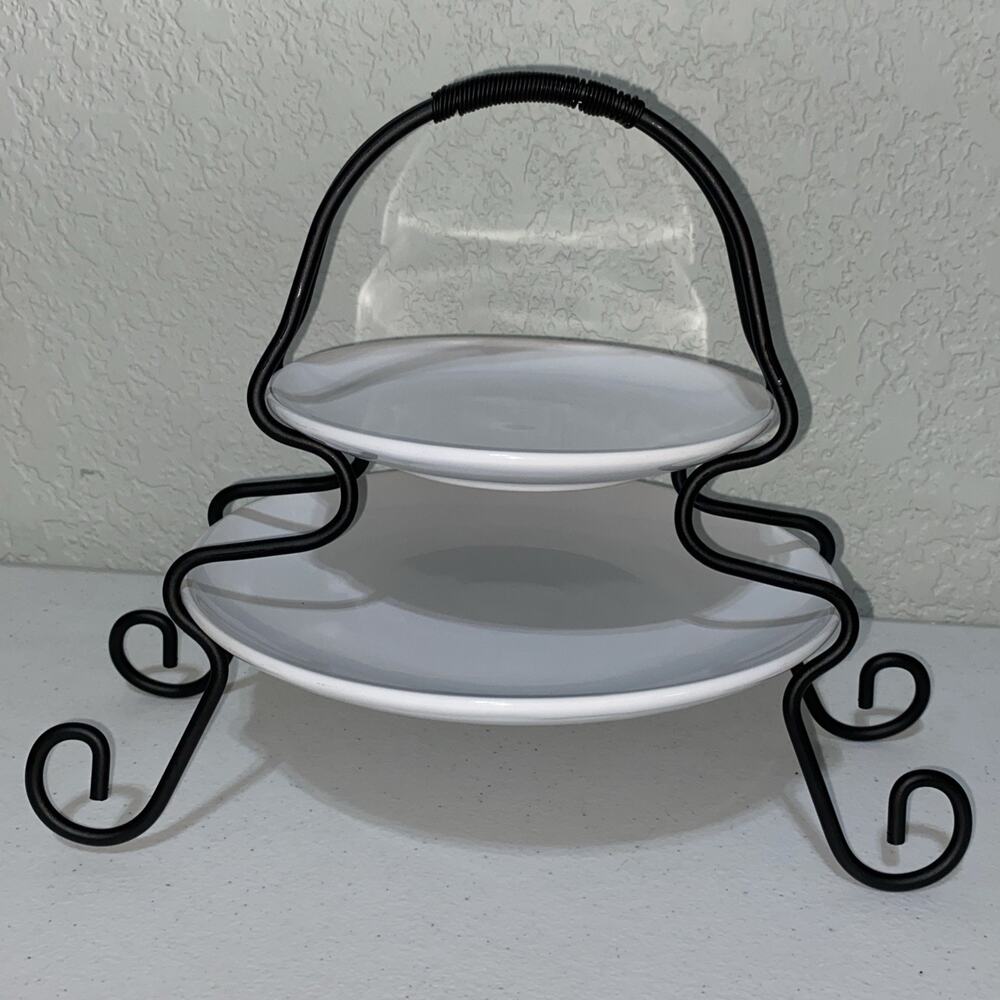 Stoneware Server with Metal Rack 2 Tier White Serving Plates Platters NEW Open